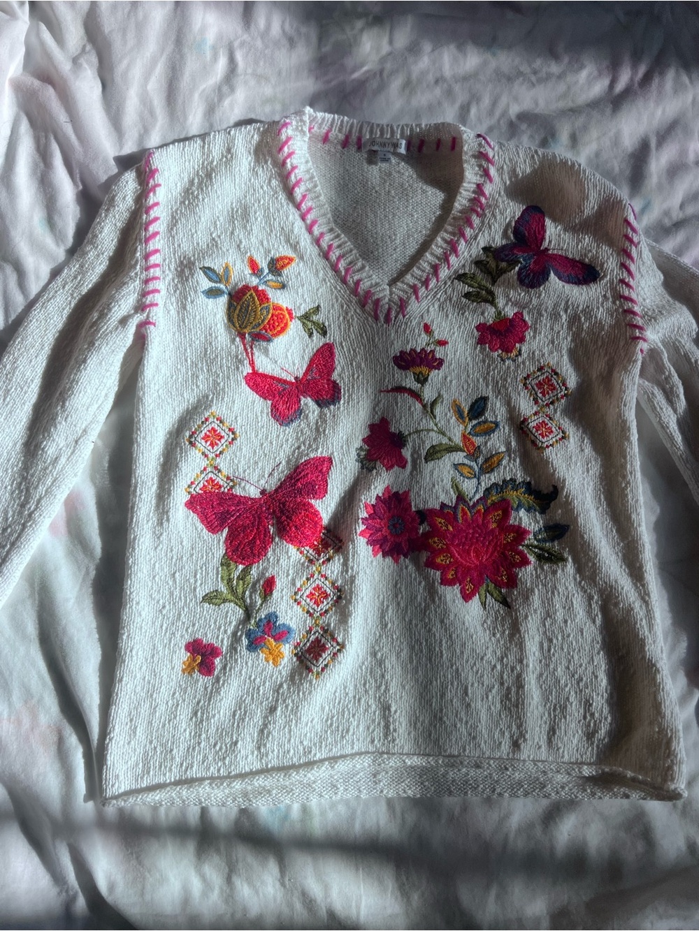 Johnny Was White V-Neck Sweater with Pink Butterfly & Floral Embroidery